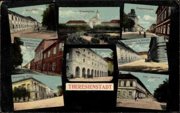 Postcard Terezín Theresienstadt Aussig region, Kaiserstraße, armory, infantry barracks, parade ground