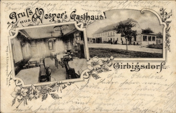 Ak Girbigsdorf Schöpstal Oberlausitz, herberg binnen, herberg buiten, bloemornament,