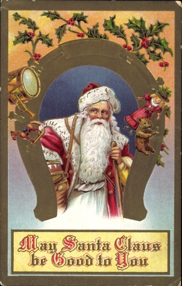 Ak Happy Christmas, Santa Claus, hoefijzers, hulst takken