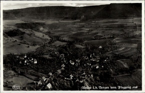 Postcard hamlet in the mountains Schwäbisch Gmünd in Württemberg, aerial view of landscape, houses, Be
