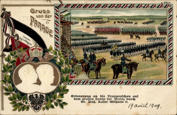 Embossed PC Mainz, parade, German soldiers, Kaiser Wilhelm II, Empress Auguste