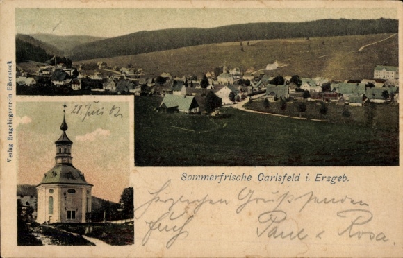 Ak Carlsfeld Eibenstock im Erzgebirge, Landschaftsaufnahme, Kirche, Häuser, Sommerfrische Carlsfe