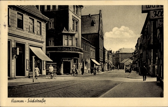 Postcard Hamm in Westphalia, view of the Südstraße, architecture, pedestrians and vehicles