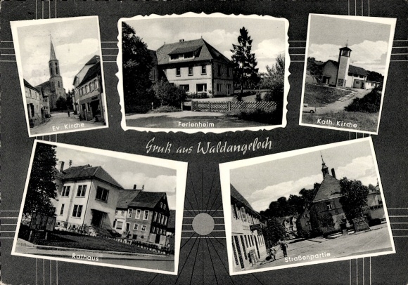 Postcard Waldangelloch Sinsheim in Baden, Protestant church, holiday home, Catholic church, town hall