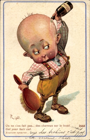 Artist Postcard Right, bald boy pours hair wax on his head