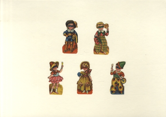 5 Oblaten Kinder in bunten Kostümen, je ca. 6 x 3 cm