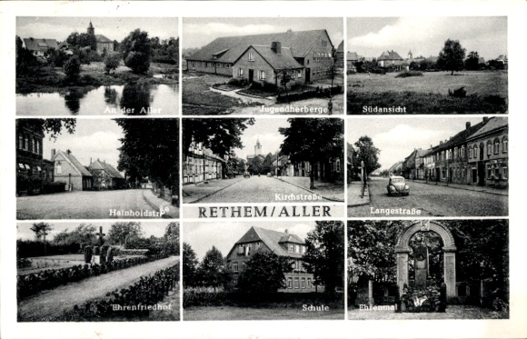 Postcard Rethem an der Aller, youth hostel, memorial, school, cemetery of honor