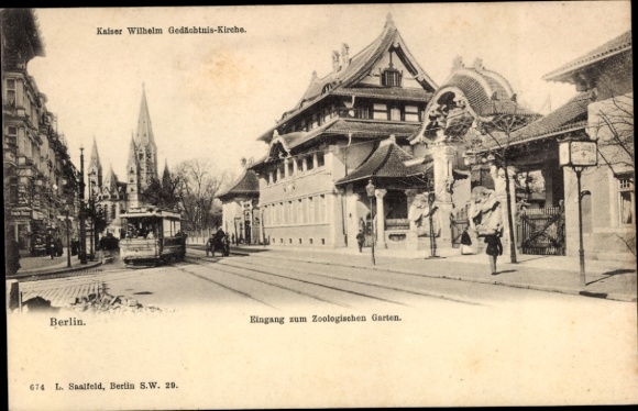 Ak Berlin Tiergarten, Zoologischer Garten, Eingang, Elefantentor, Straßenbahn, Gedächtniskirche