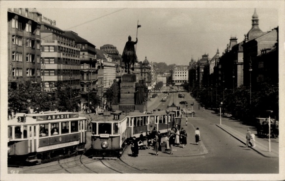 Postcard Praha Prague, Wenceslas Square, tram, equestrian monument