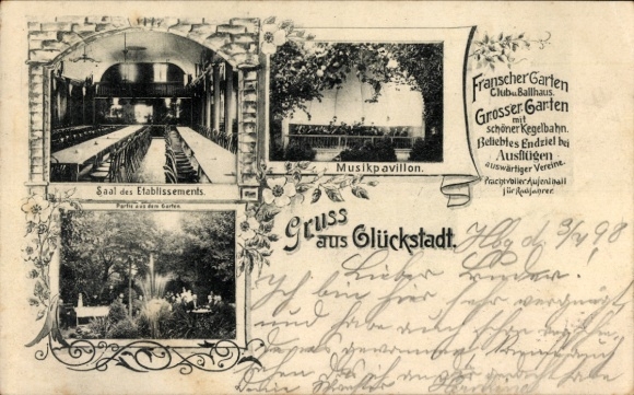 Ak Glückstadt an der Elbe, Franscher Garten, Saal, Garten, Musikpavillon