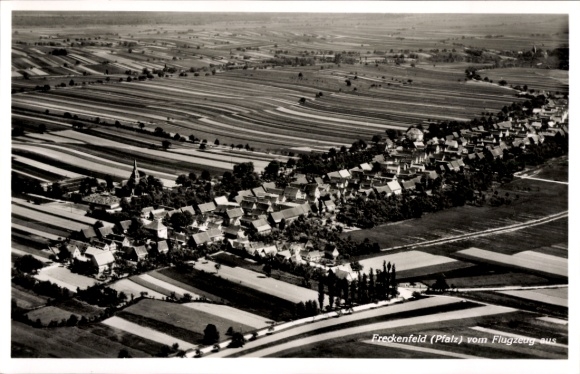 Postcard Freckenfeld in the Saarpfalz, aerial view of fields, villages, churches