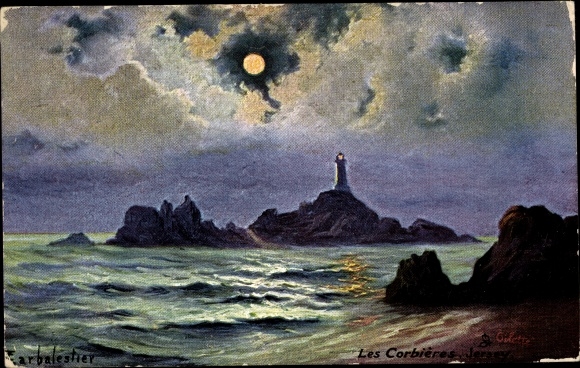 Artist Moonlight PC Jersey Channel Islands, Corbiere Lighthouse, Tuck No. 7133