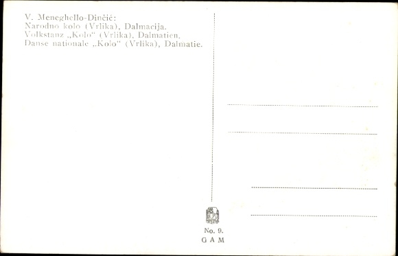 Artist Postcard Meneghello Dincic, V., Dalmatia, folk dance Kolo, Vrlika