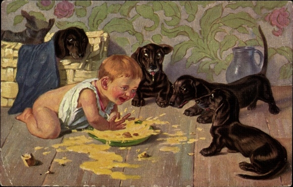 Artist PC Roeseler, A., Triumph, small child and dachshund at the feeding bowl