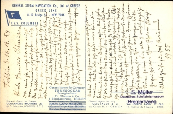 Kunstenaar Briefkaart Stoomschip TSS Columbia, Griekse Lijn