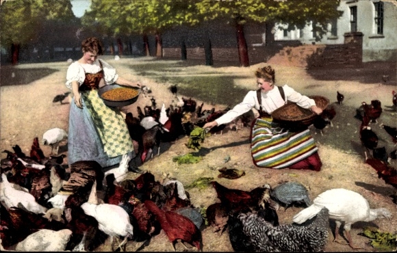 Postcard Geflügelhof, women feeding chickens