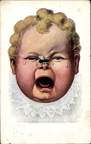Postcard Crying baby with a fly on his nose