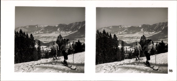 Stereo spatial image photo &quot;Traditionsgau Munich Oberbayern&quot; No. 55 Lenggries, winter, skiers