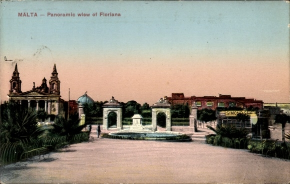 Postcard Floriana Malta, panoramic view of Floriana, historic buildings, fountains, atmospheric la...