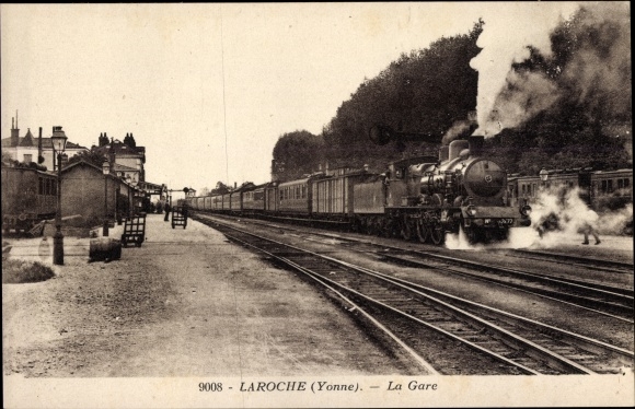 Ak Laroche Yonne, La Gare, treinstation, baanzijde, stoomlocomotief