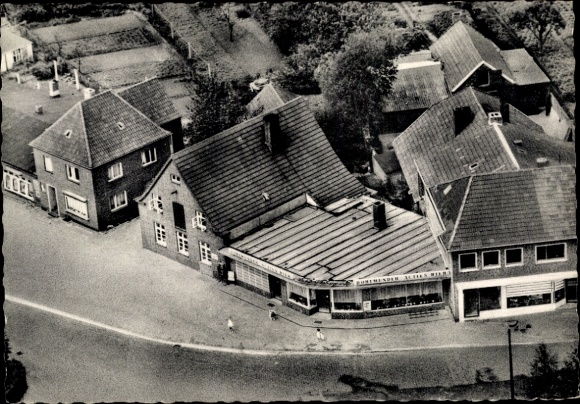 Postcard Wittmund in East Frisia, Café Weerts, Klusforder Straße, aerial photo