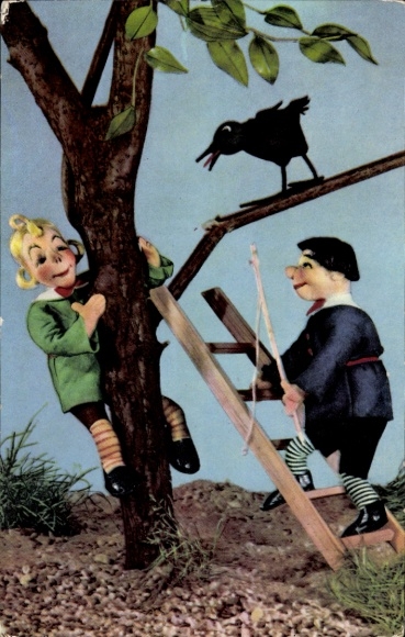 Ak Max en Moritz als poppen, ladder, vogel in de boom