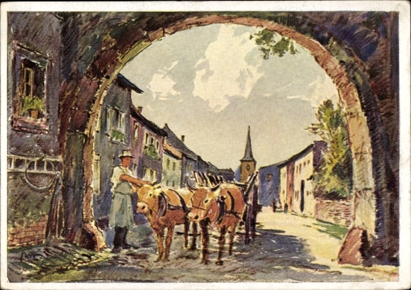 Künstler Ak Graf, Karl, Berus bei Saarlautern, alte Römersiedlung, Bauer mit Rindergespann am Tor