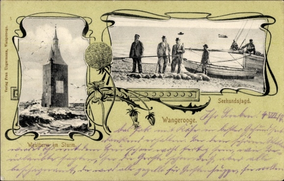 Passepartout Postcard North Sea resort Wangerooge in East Frisia, seal hunt, west tower