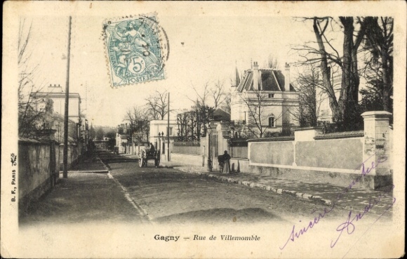 Ak Gagny Seine Saint Denis, Rue de Villemomble, Pferdegespann, Bäume,  Gebäude
