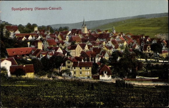 PC Spangenberg in Hesse, total view of the place, half-timbered houses, church, field section