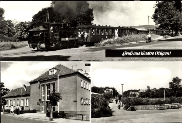 PC Baltic Sea resort Baabe on Rügen, black locomotive, train, building in the background, text: Greetings from...