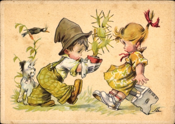 Artist Postcard Salac, AL, boy wants to give girl cactus, dog, raven