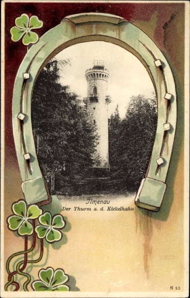 Passepartout Ak Ilmenau in Thüringen, Aussichtsturm auf dem Kickelhahn, Hufeisen, Kleeblätter