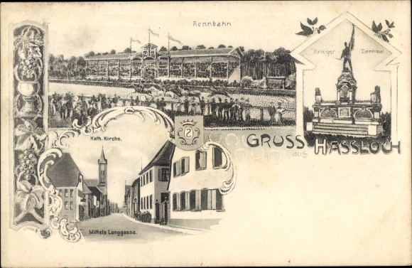 litho Haßloch Hassloch in der Pfalz, paardenrenbaan, oorlogsmonument, kerk