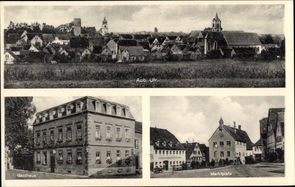 Postcard Aub in Lower Franconia, panorama, inn to the black eagle, marketplace