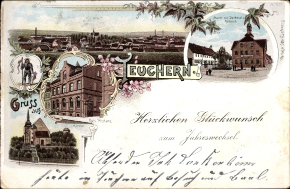 Litho Teuchern im Burgenlandkreis, Postamt, Kirche, Markt, Rathaus, Blick zum Ort