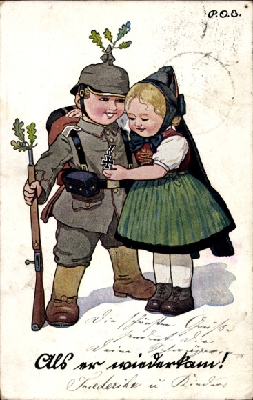 Artist Postcard Engelhard, POE, When he came back, German soldier with girl, I. WK