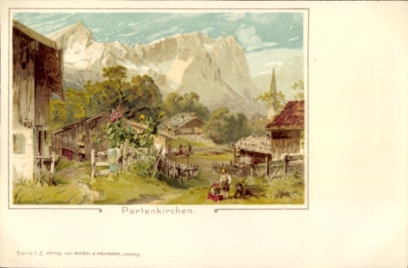 Postcard Garmisch Partenkirchen in Upper Bavaria, landscape with mountains, farmhouses, children playing, B