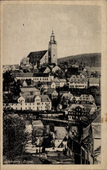 Postcard Schneeberg in the Ore Mountains, partial view of the village with a view of the church