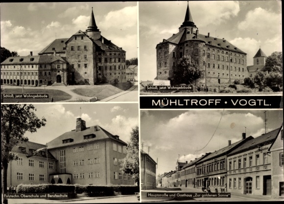 Ak Mühltroff in Vogtland Sachsen, kasteel nu woongebouw, polytechn. Middelbare school en vakschool