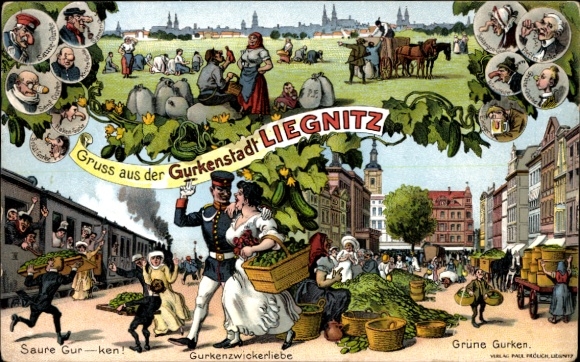 Ak Legnica Liegnitz Schlesien, Gurkenstadt, Grüne Gurken, Markt, Saure Gurken