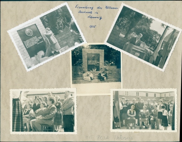 Albumpagina met foto's Schmerwitz Wiesenburg, inhuldiging van het Thälmann-monument in 1955, Rosa Thälmann