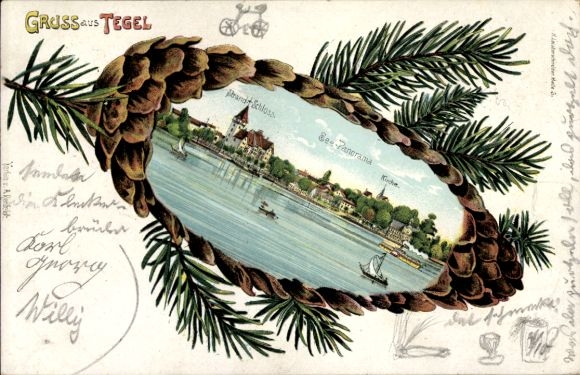 Pine cone litho Berlin Reinickendorf Tegel, castle, panorama, church