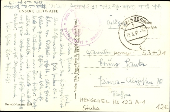 Postcard Deutsche Luftwaffe, Henschel Hs 123 A-1, dive bomber