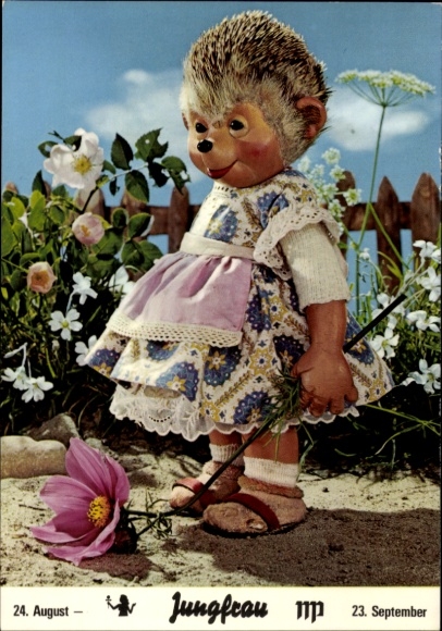 Postcard Mecki the Hedgehog, Zodiac sign Virgo, August 23 to September 23, Hedgehog Girl, Flower