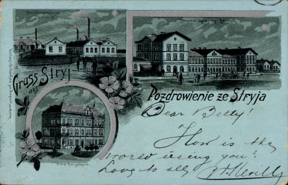 Moonlight Chromo-Litho Stryj Stryi Ukraine, Railway Station, Machine Factory Galicia, Villa Heiselkorn