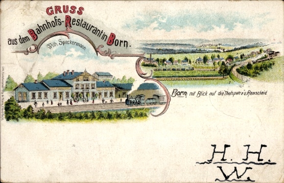 Chromo-Litho Born Lennep Remscheid in the Bergisches Land, station restaurant Wilh. Spieckermann, dam