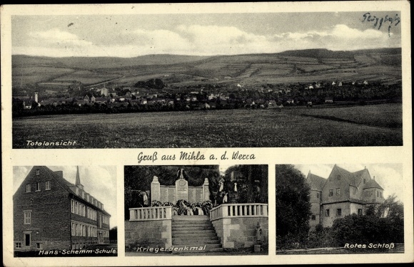 Ak Mihla in Thüringen, Totalansicht, Hans Schemm Schule, Rotes Schloss, Kriegerdenkmal