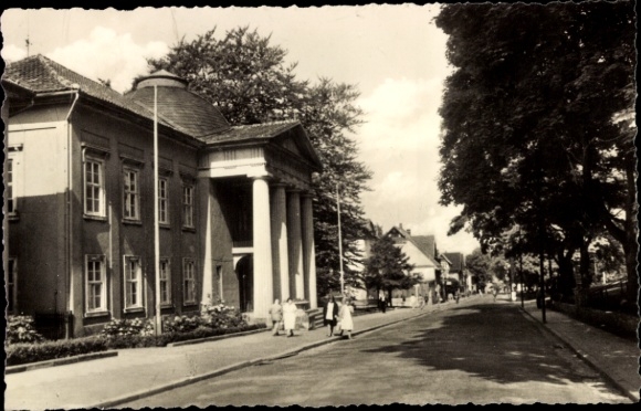 Postcard Bad Liebenstein in the Thuringian Forest, building with columns, street, trees, pedestrians, architecture