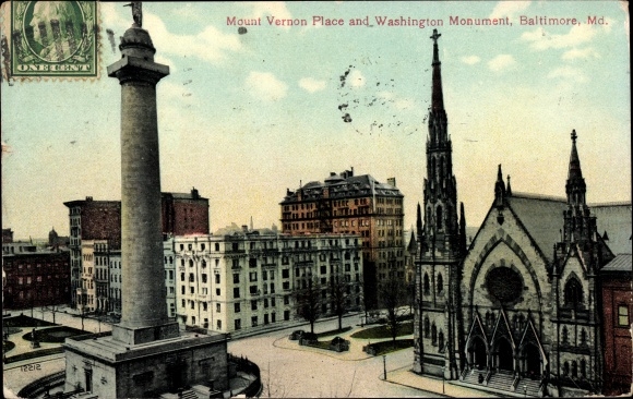 Ak Baltimore Maryland USA, Mount Vernon Place en Washington Monument